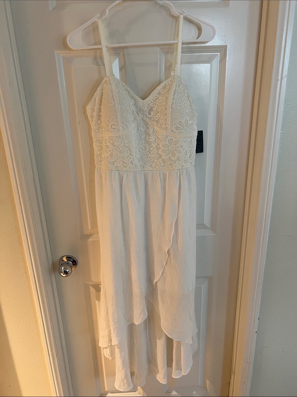 Iz Byer Ivory Lace Bust Asymmetrical High-Low Dress